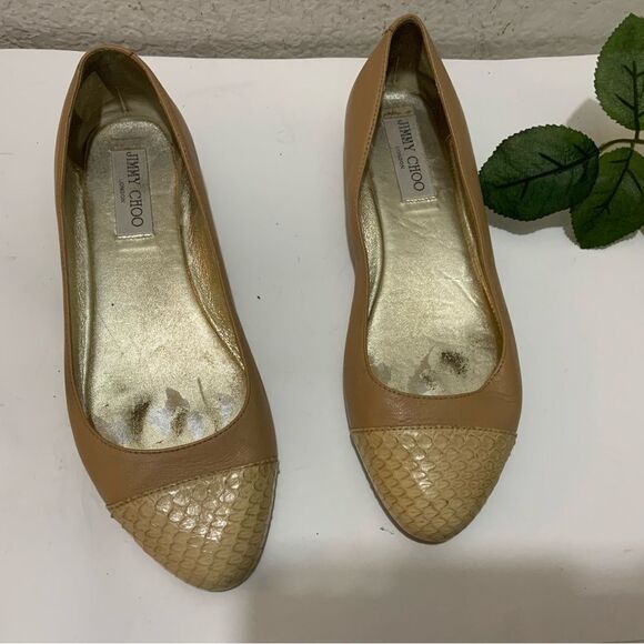 JIMMY CHOO Nude Leather & Python Cap Toe Ballet Flats Neutral Size EU 37.5, US 7 - Picture 3 of 16